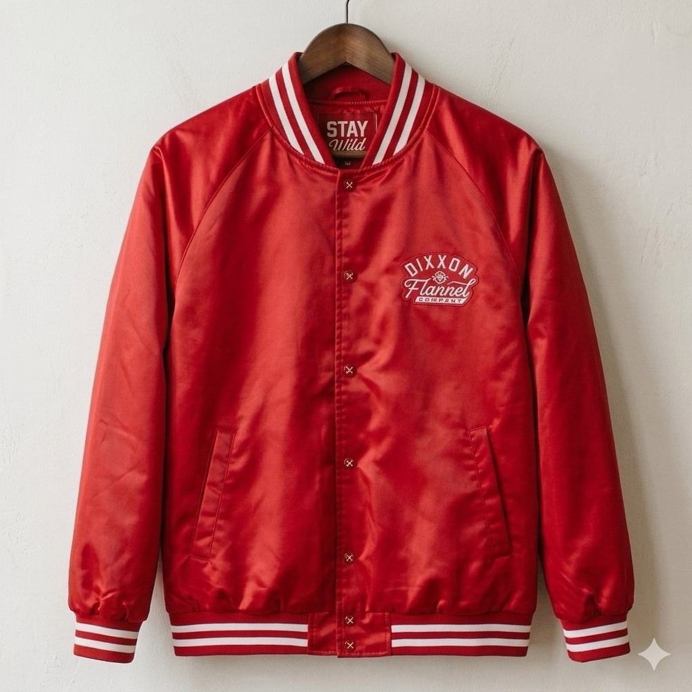 Dixxon Flannel Co Pastime Varsity Jacket Mens L Red Nylon Satin Quilted Bomber